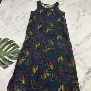 Sweet Jessie Womens Vintage 90s Linen Maxi Dress Size M Blue Green Fruit Print